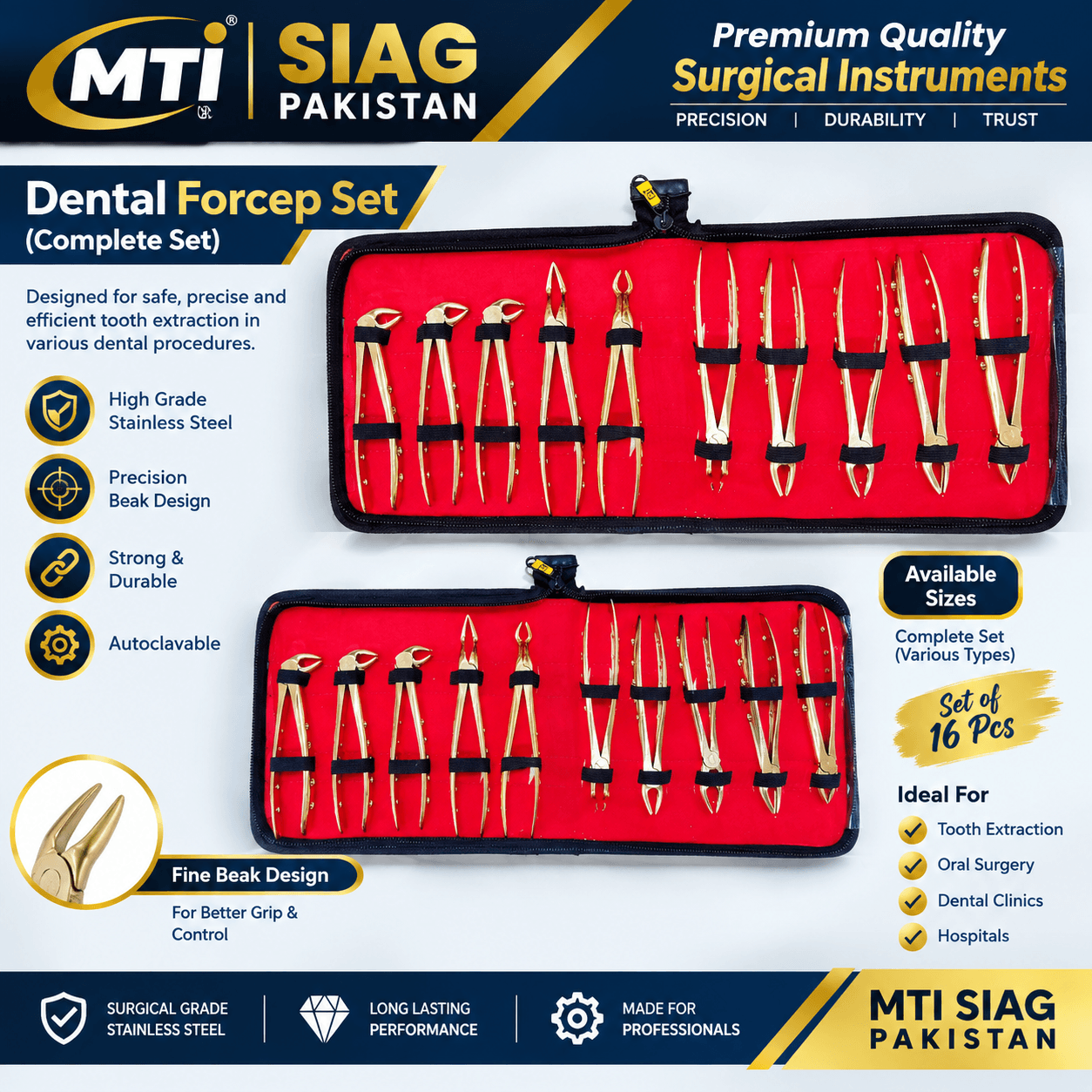 Dental Forcep Set. SIAG, PAKISTAN-Gold Colour 