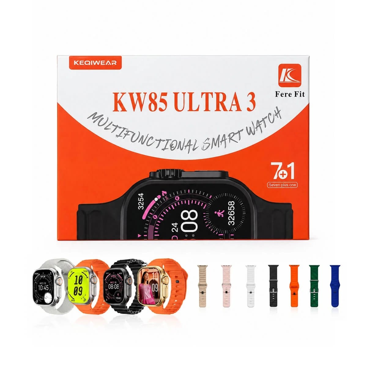 Original- Keqiwear KW85 Ultra 3 Multifunctional Smart Watch with 7 Straps Combo