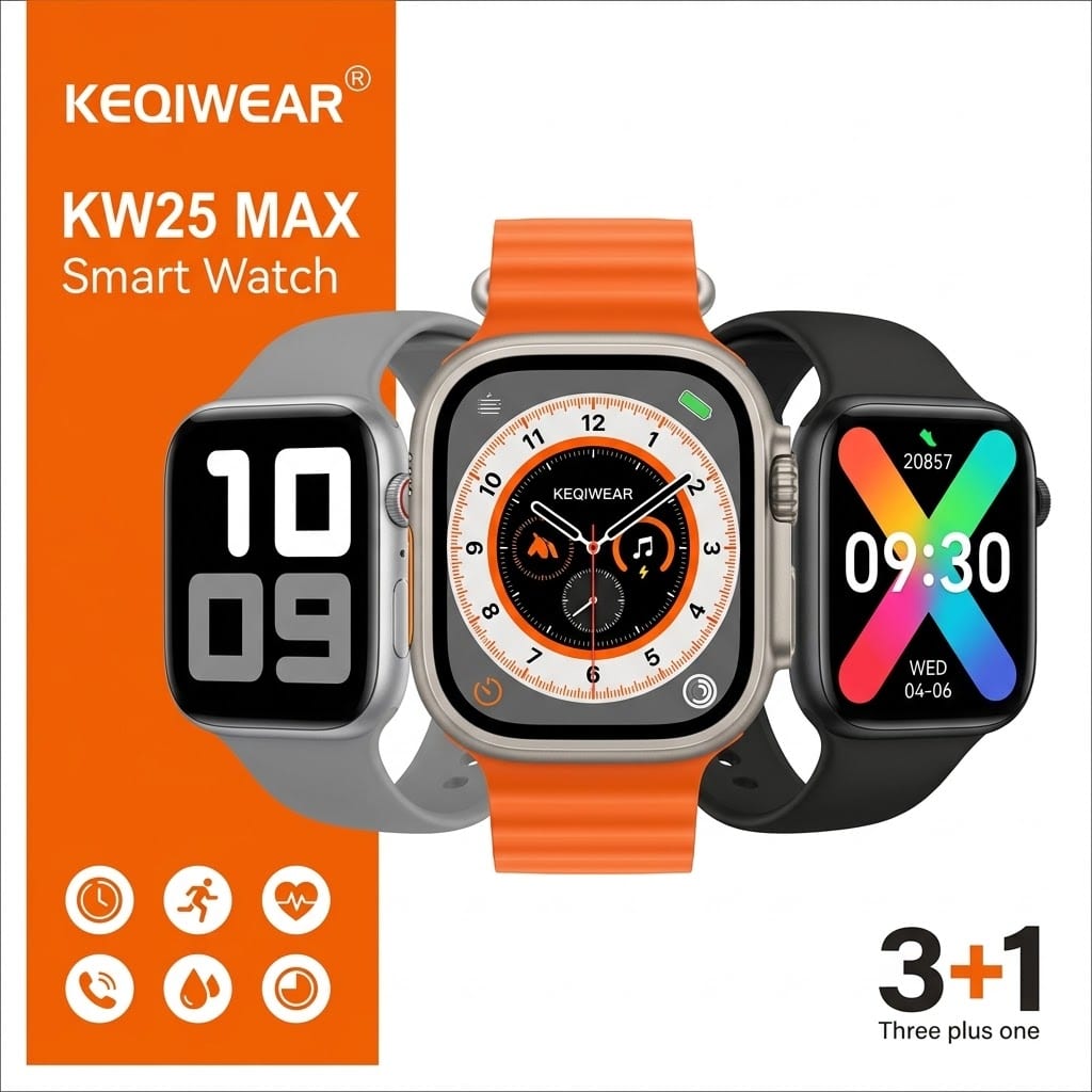Original- Keqiwear KW25 Max Smart Watch – 3+1 Straps Combo